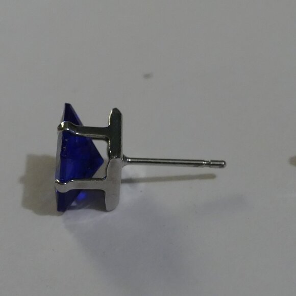 Blue Sapphire Square Cut Stud Earrings - Picture 3 of 6